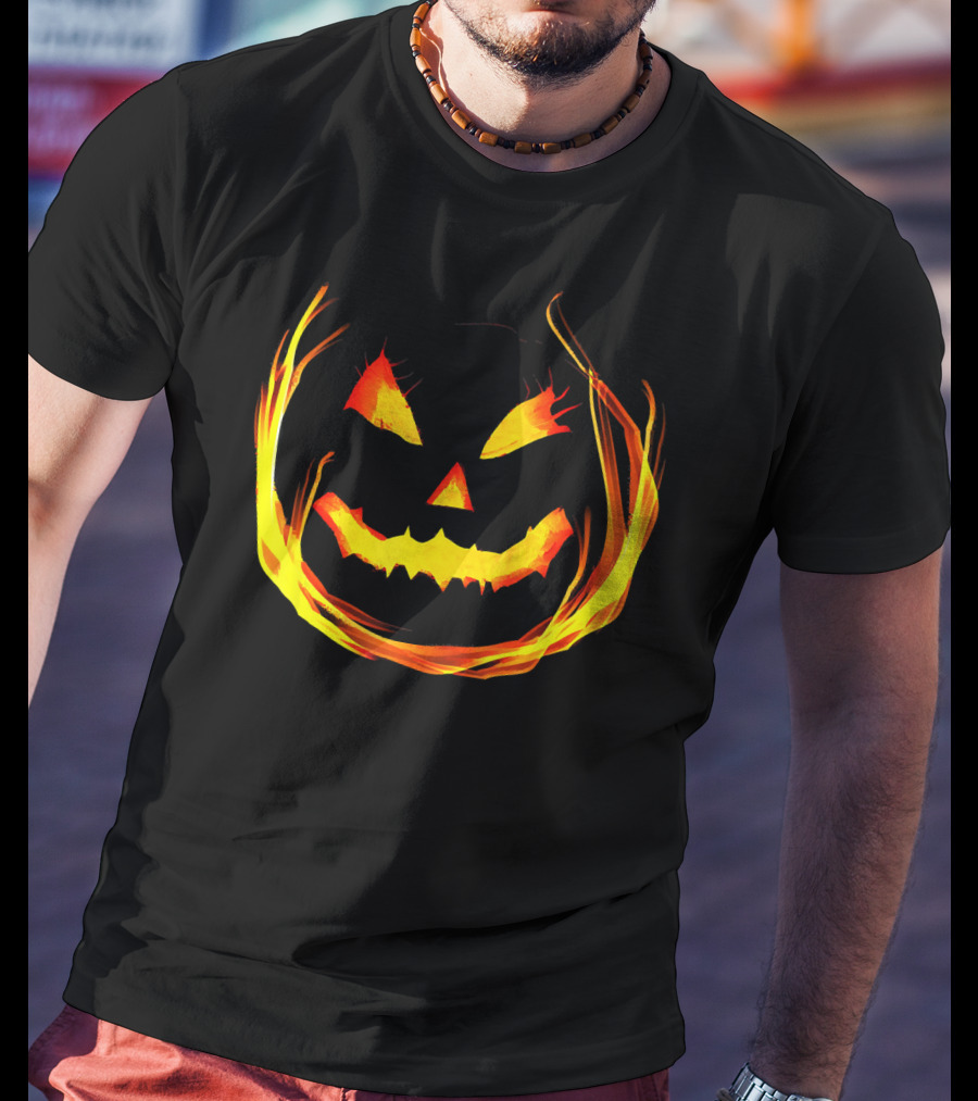 Fun And Spooky Fiery Jack O Lantern Halloween Pumpkin Face T-Shirt