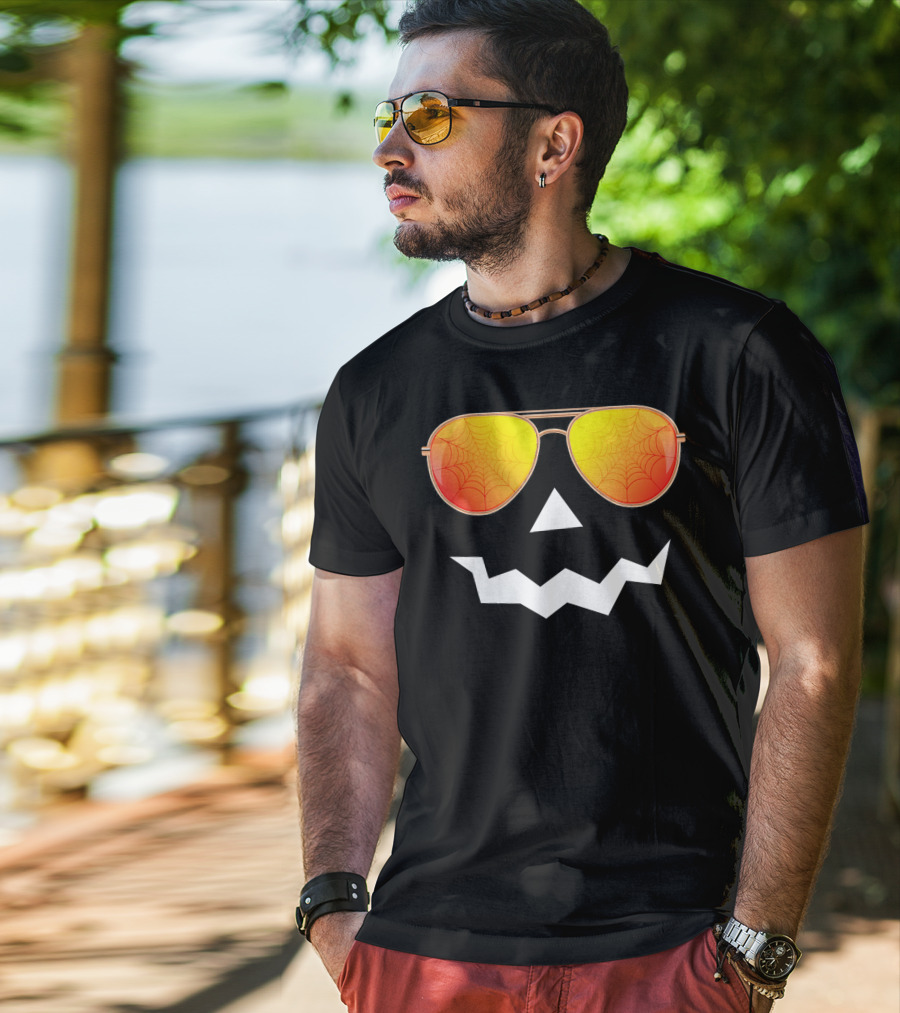 Halloween Jack O Lantern With Sunglasses And Spider Web Reflection T-Shirt