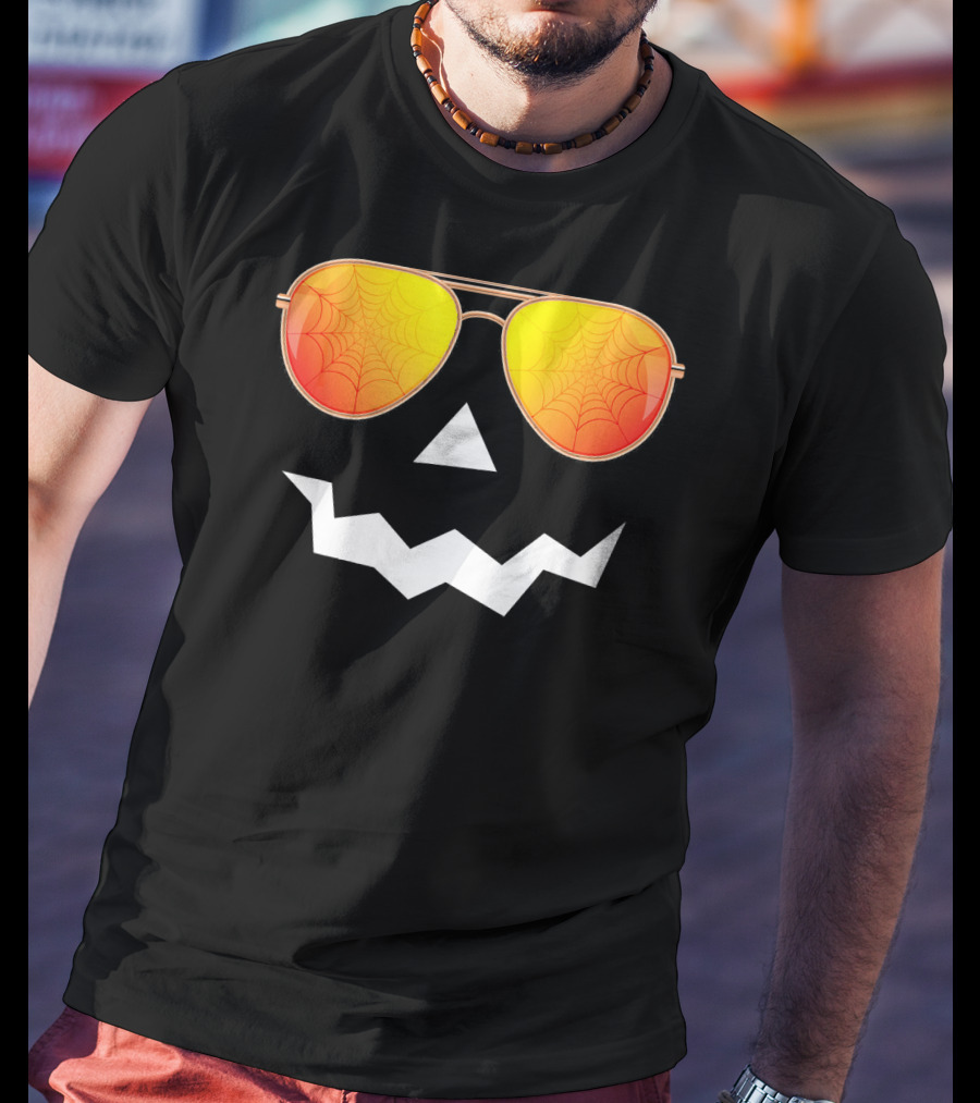Halloween Jack O Lantern With Sunglasses And Spider Web Reflection T-Shirt