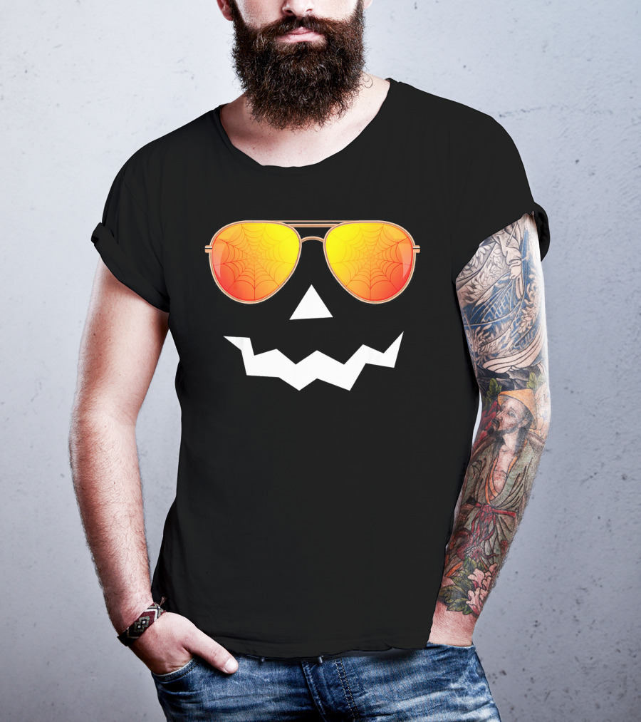 Halloween Jack O Lantern With Sunglasses And Spider Web Reflection T-Shirt