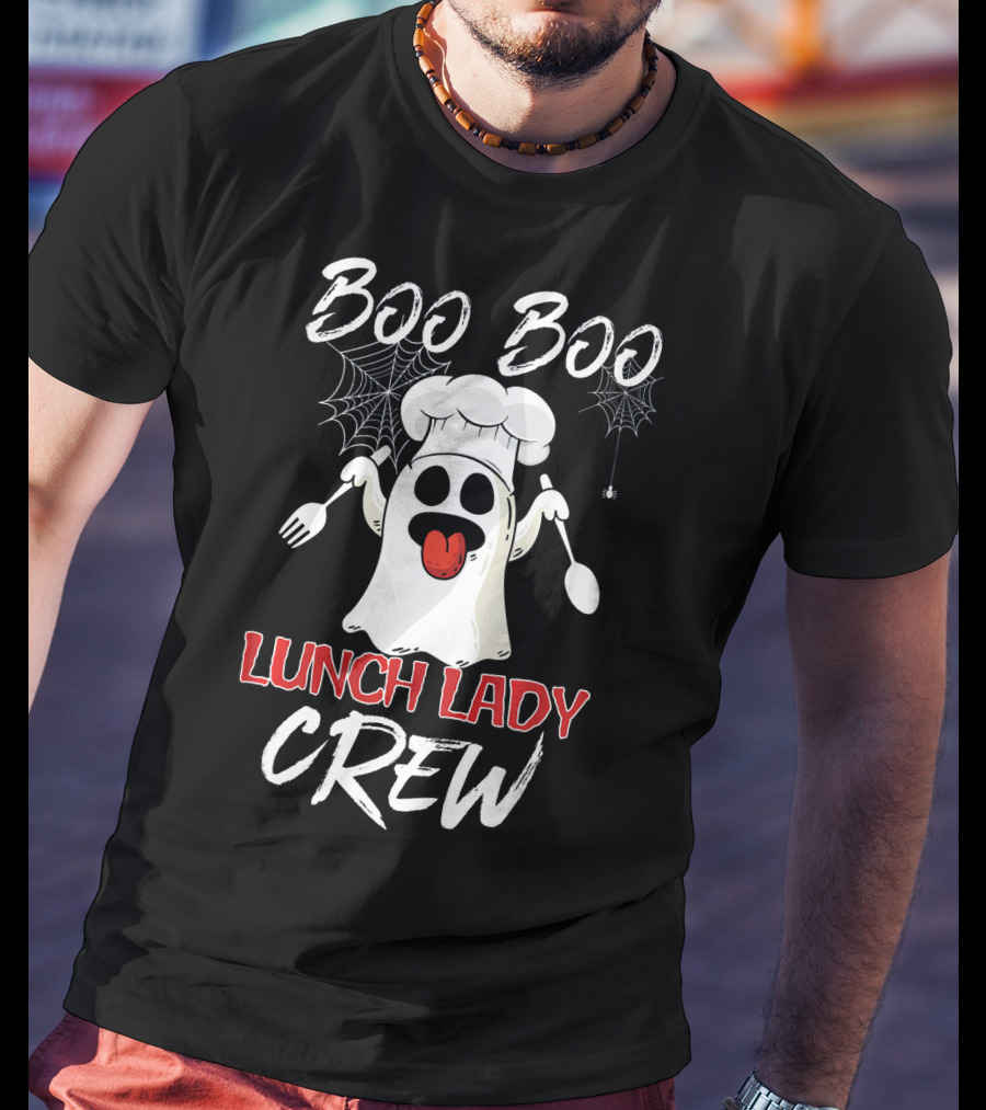 Boo Boo Lunch Lady Crew Funny Chef Ghost With Webs And Utensils T-Shirt