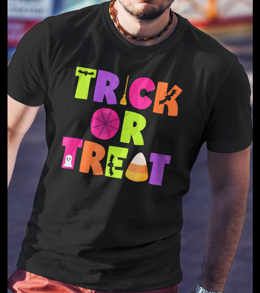Trick Or Treat Bat Broom Spiderweb Ghost Candy Corn Halloween T-Shirt