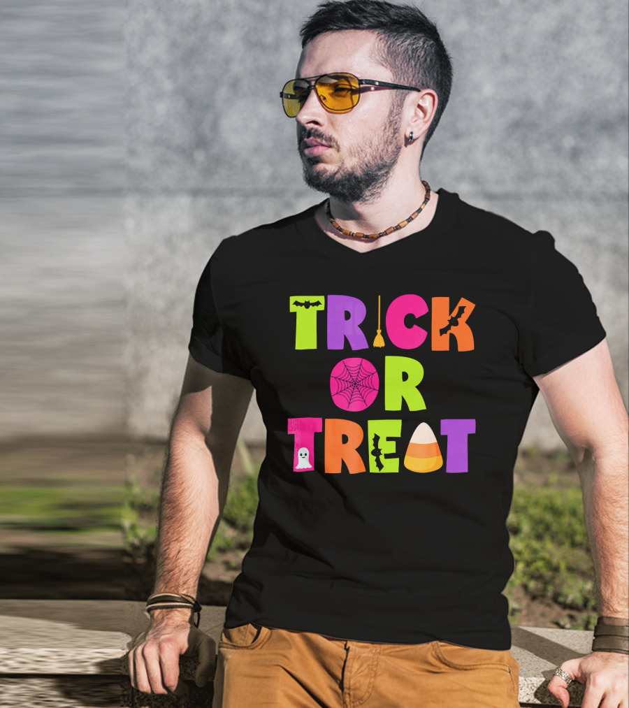 Trick Or Treat Bat Broom Spiderweb Ghost Candy Corn Halloween T-Shirt