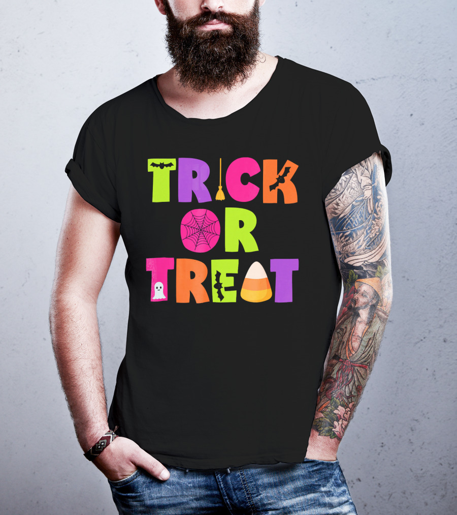 Trick Or Treat Bat Broom Spiderweb Ghost Candy Corn Halloween T-Shirt