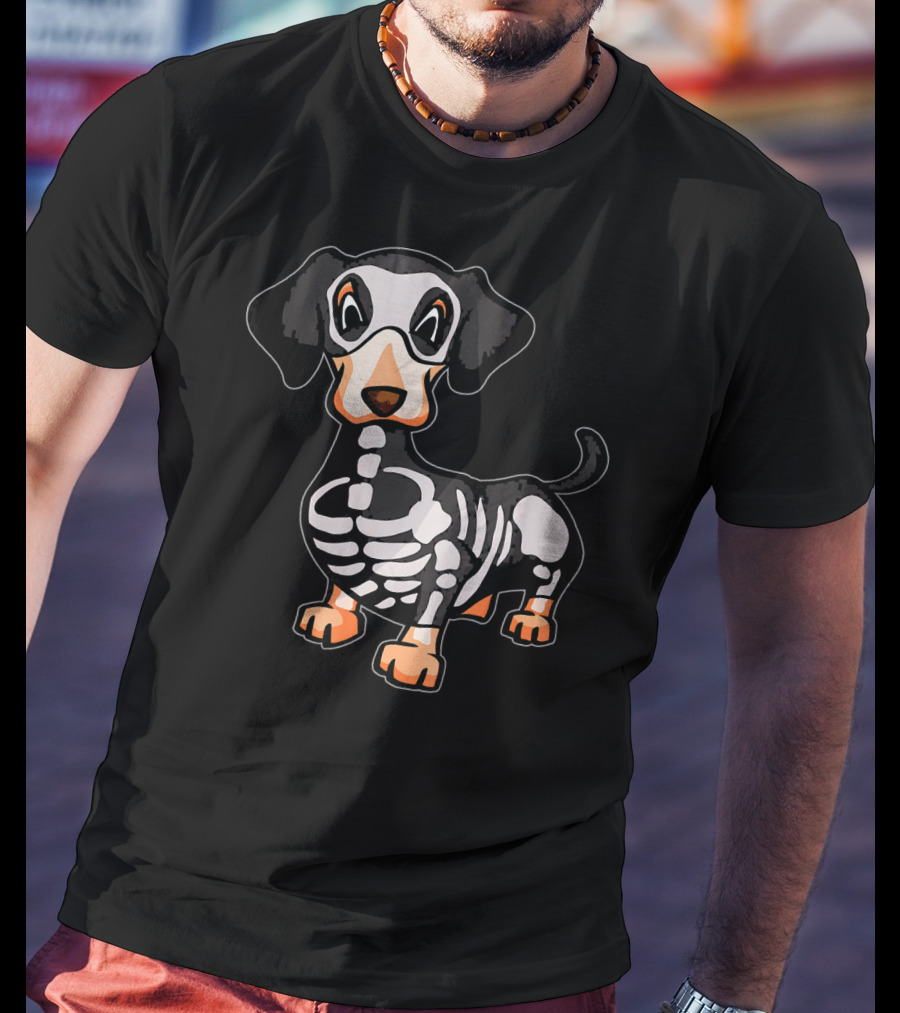Funny Dachshund Skeleton Bones Halloween Dog T-Shirt