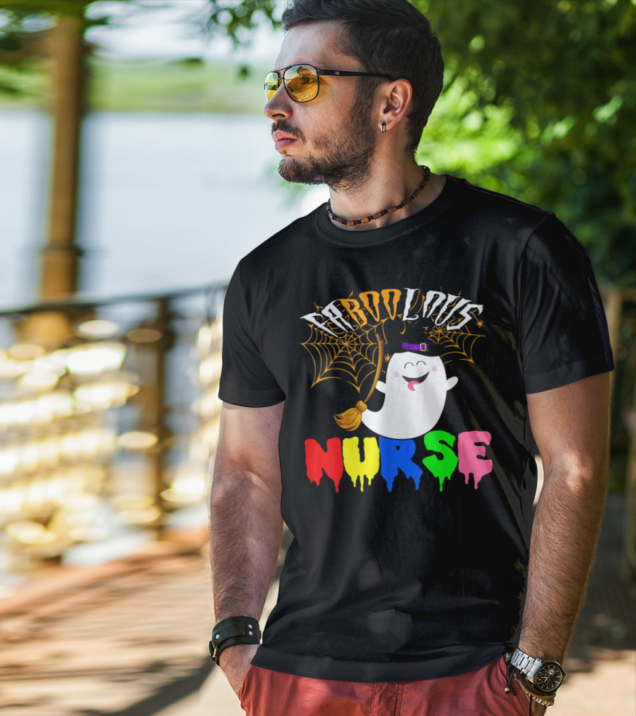 Faboolous Nurse Ghost With Witch Hat And Broom Halloween T-Shirt