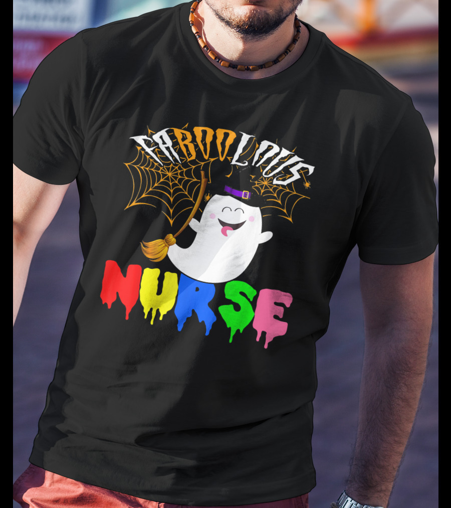 Faboolous Nurse Ghost With Witch Hat And Broom Halloween T-Shirt