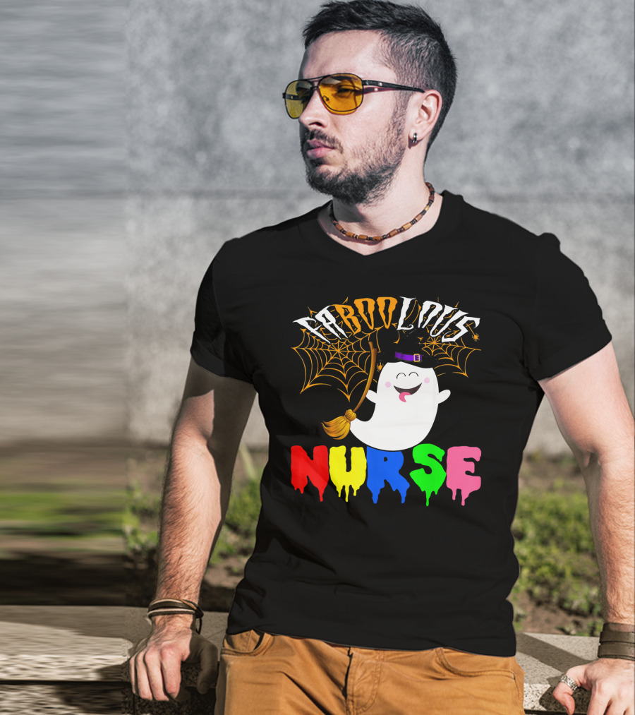 Faboolous Nurse Ghost With Witch Hat And Broom Halloween T-Shirt