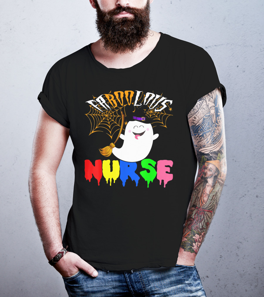 Faboolous Nurse Ghost With Witch Hat And Broom Halloween T-Shirt