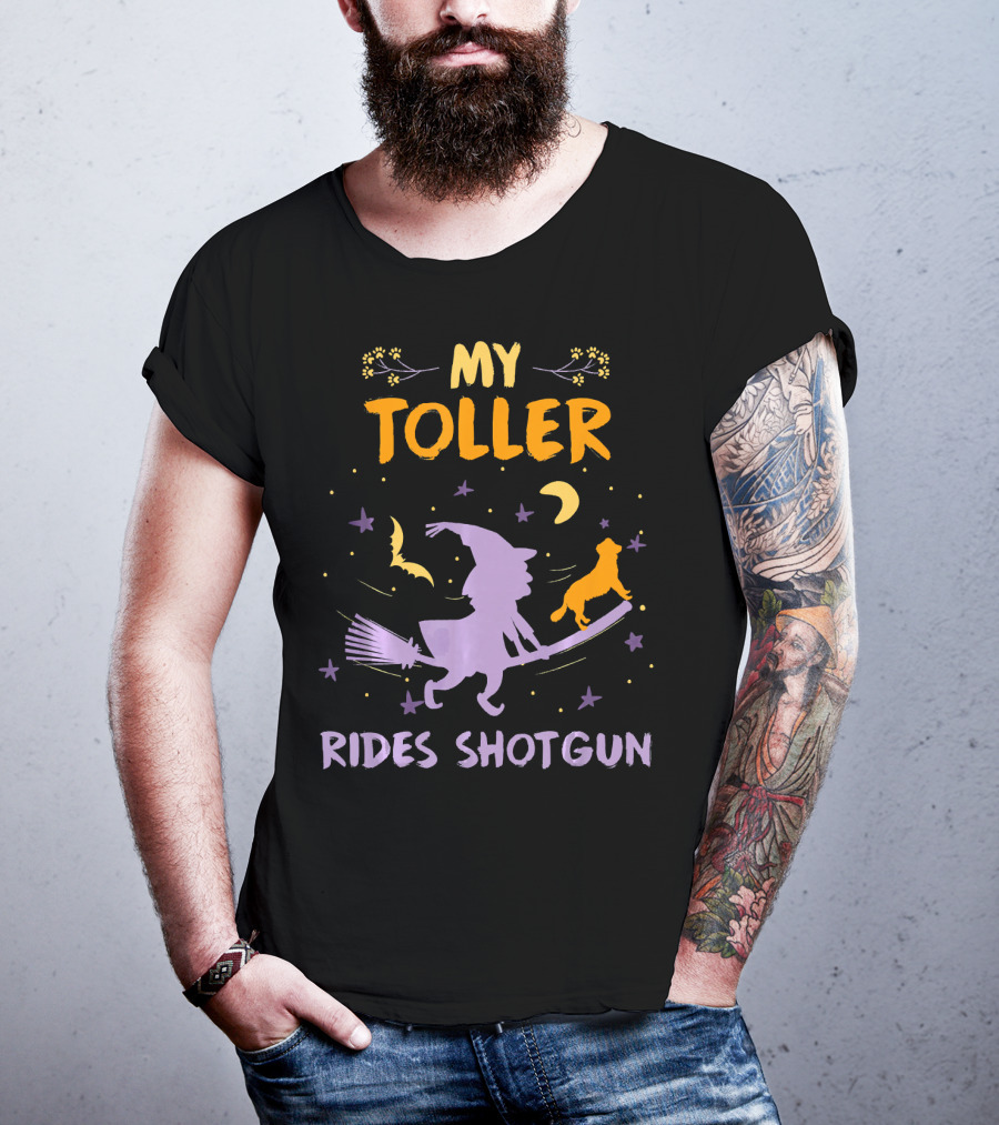 My Toller Rides Shotgun Halloween Witch And Dog Moon Stars T-Shirt
