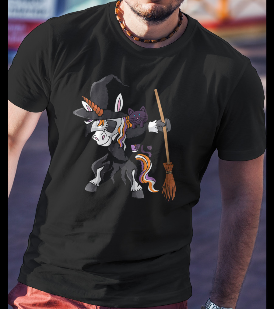 Dabbing Halloween Witch Unicorn With Cat And Broom T-Shirt