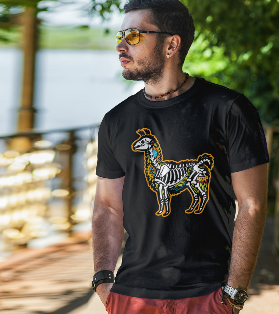 Colorful Dia De Los Muertos Llama Skeleton T-Shirt
