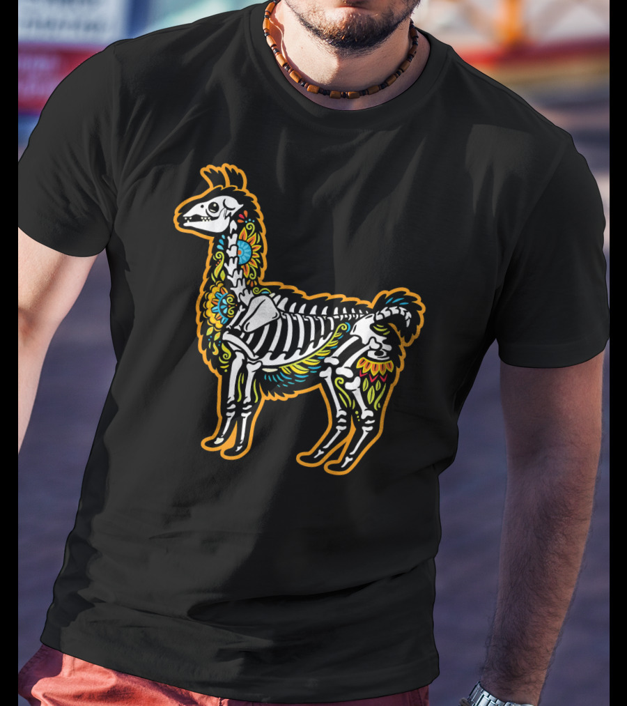 Colorful Dia De Los Muertos Llama Skeleton T-Shirt