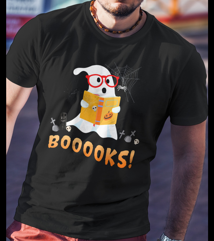BOOOOKS Funny Teacher Halloween Ghost Reads With Spider Webs T-Shirt