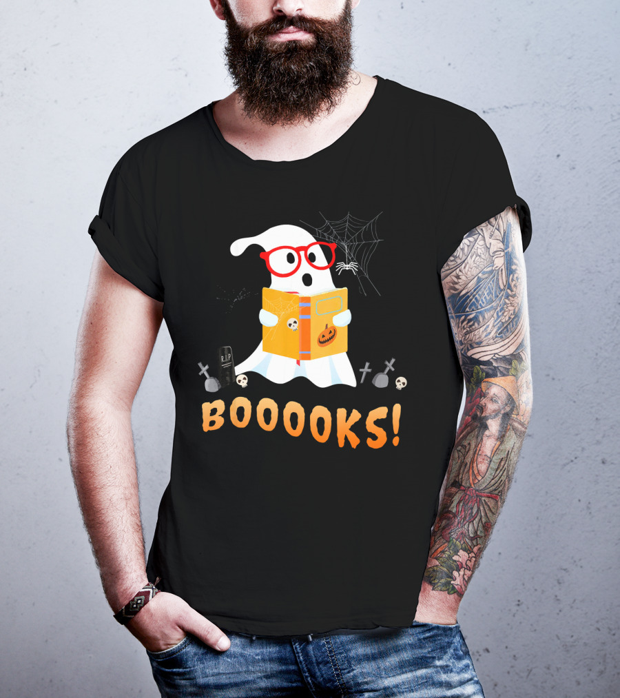 BOOOOKS Funny Teacher Halloween Ghost Reads With Spider Webs T-Shirt