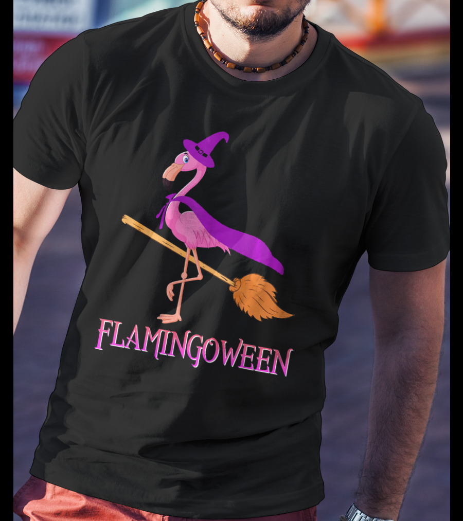 Flamingoween Witch Flamingo Riding Broomstick T-Shirt