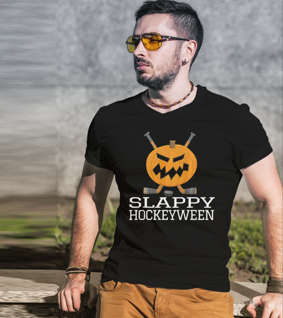 SLAPPY HOCKEYWEEN Pumpkin Ice Hockey Halloween T-Shirt