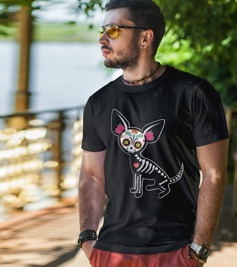 Day Of The Dead Chihuahua Skeleton Skull Flowers T-Shirt