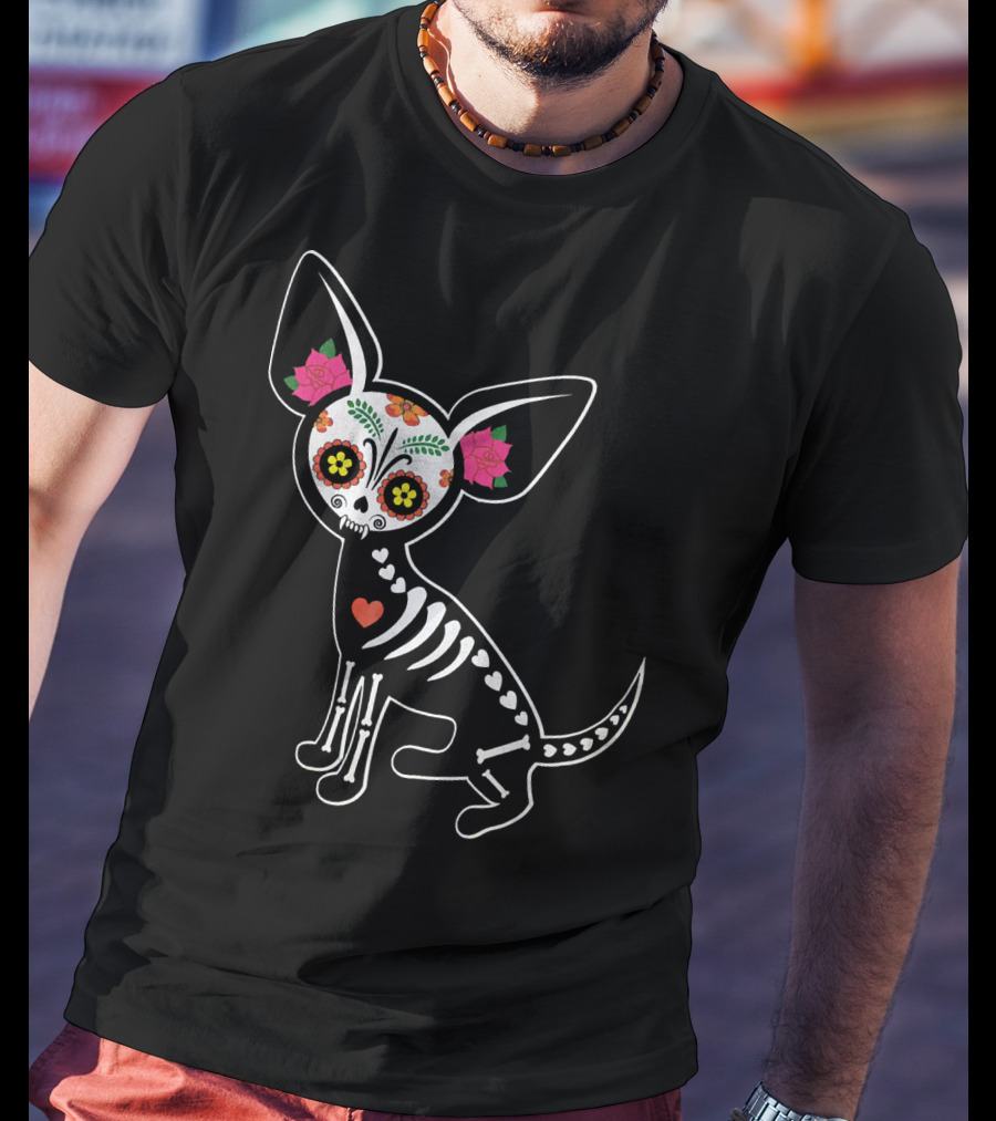 Day Of The Dead Chihuahua Skeleton Skull Flowers T-Shirt