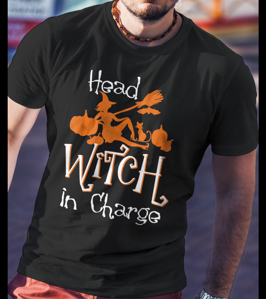Head Witch In Charge Funny Halloween Pumpkins Broomstick Cat T-Shirt