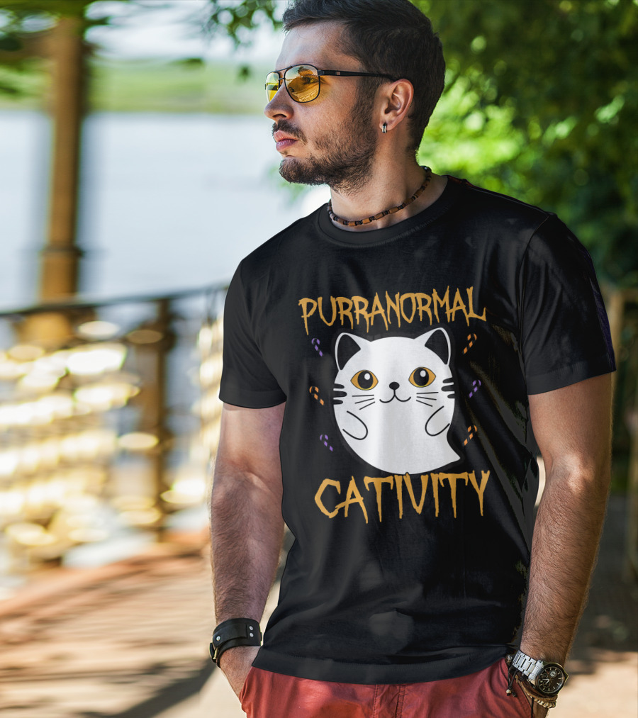 Purranormal Cativity Ghostly Cat Boo With Candy Corn T-Shirt