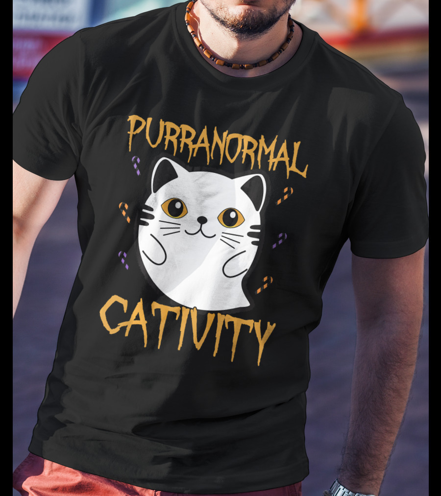 Purranormal Cativity Ghostly Cat Boo With Candy Corn T-Shirt