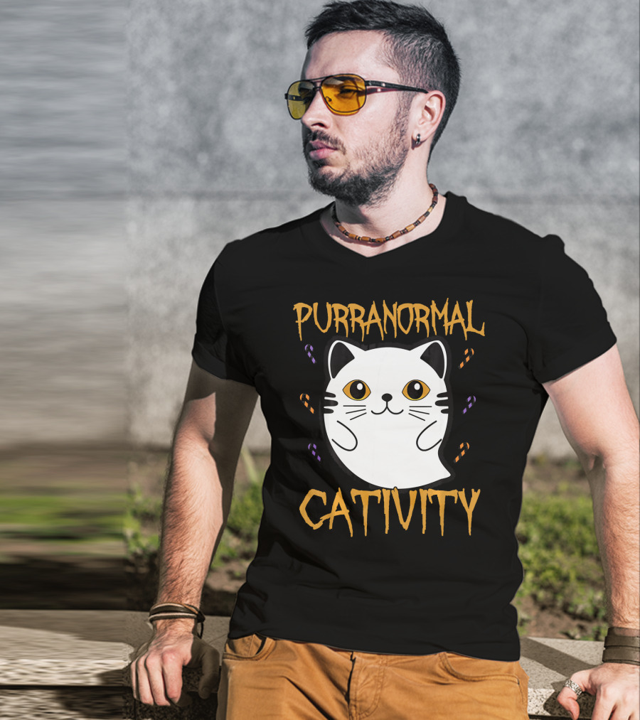Purranormal Cativity Ghostly Cat Boo With Candy Corn T-Shirt