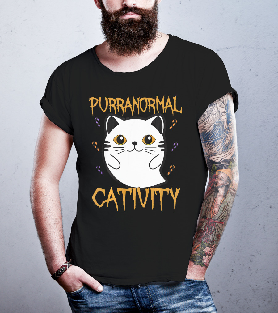 Purranormal Cativity Ghostly Cat Boo With Candy Corn T-Shirt