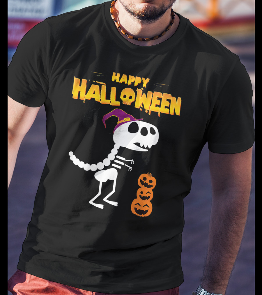 Happy Halloween Funny Rex Skeleton With Witch Hat And Pumpkins T-Shirt