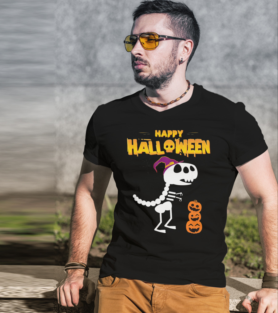 Happy Halloween Funny Rex Skeleton With Witch Hat And Pumpkins T-Shirt