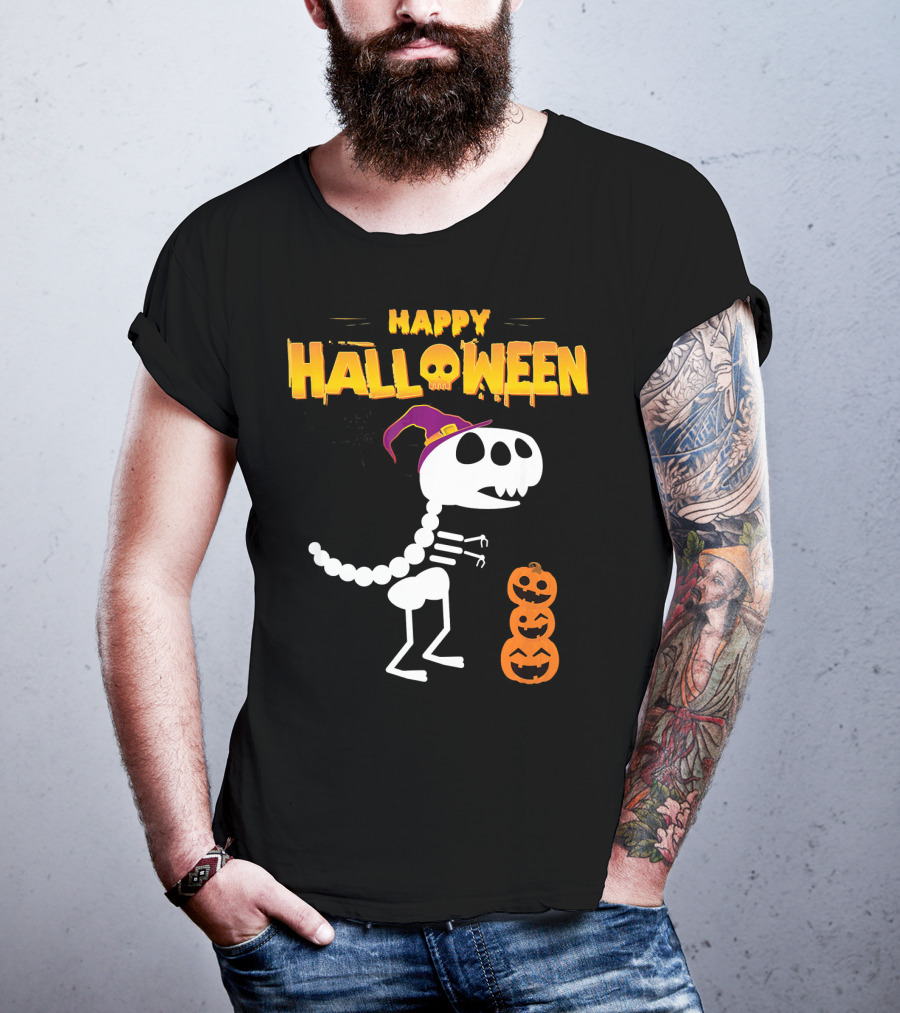 Happy Halloween Funny Rex Skeleton With Witch Hat And Pumpkins T-Shirt