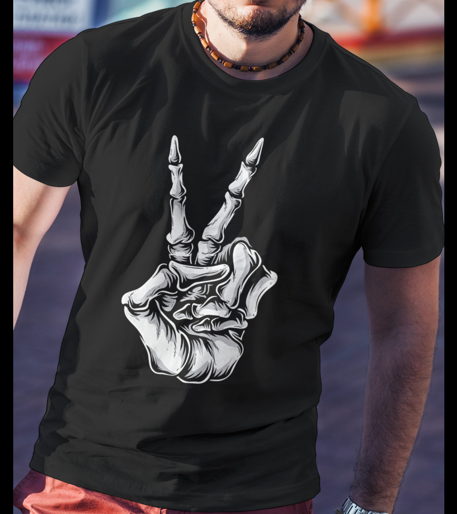 Skeleton Hand Peace Sign Halloween Night T-Shirt