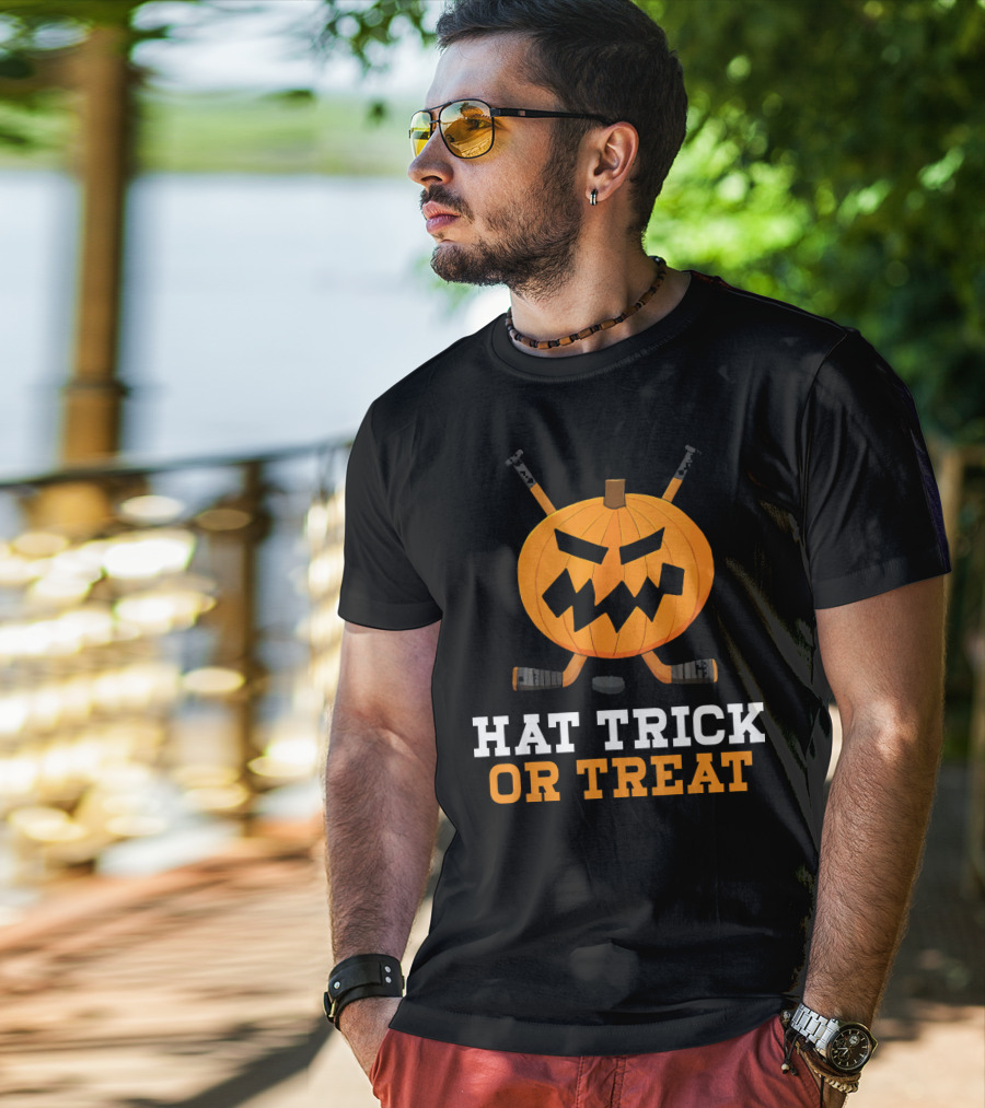 Hat Trick Or Treat Pumpkin Hockey Sticks Face T-Shirt