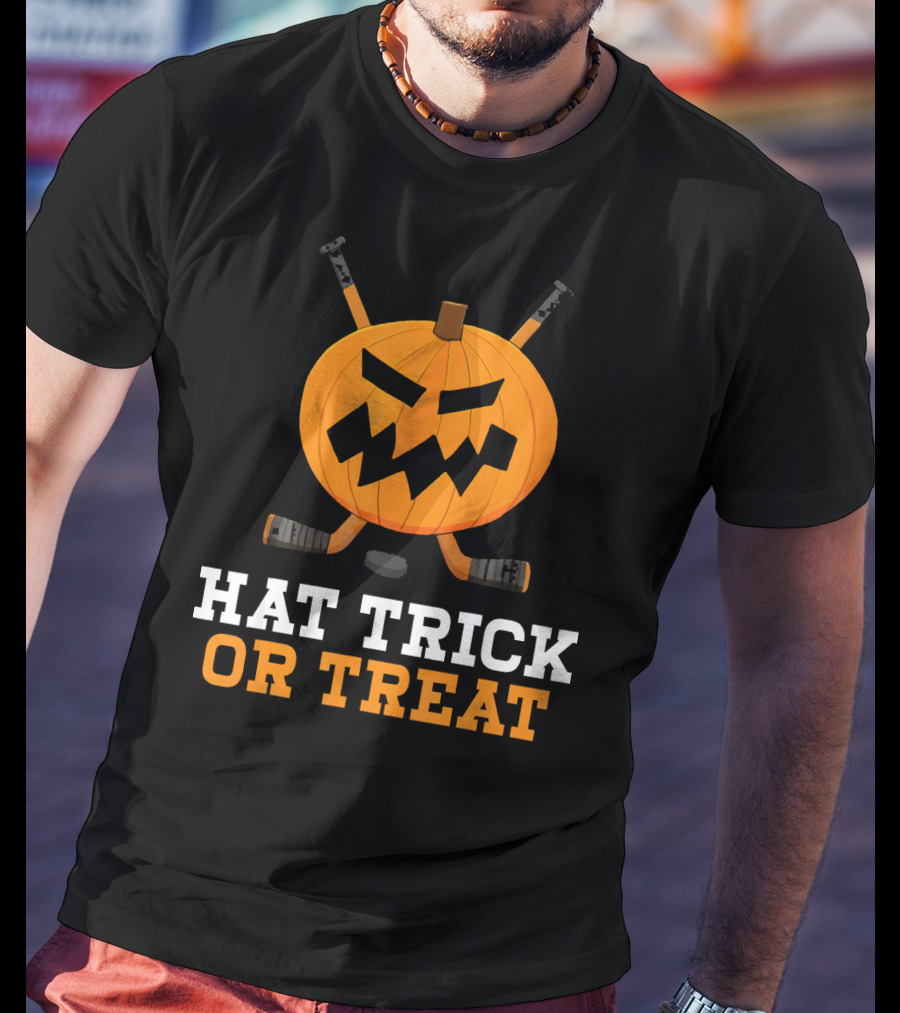 Hat Trick Or Treat Pumpkin Hockey Sticks Face T-Shirt
