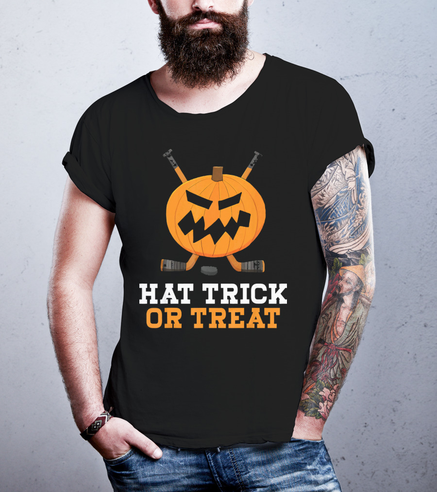 Hat Trick Or Treat Pumpkin Hockey Sticks Face T-Shirt