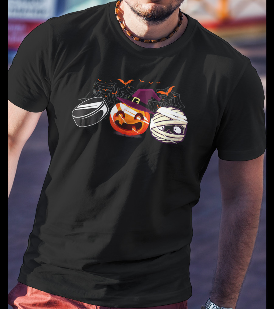 Hockey Puck Witch Pumpkin Mummy Halloween Bats Webs T-Shirt