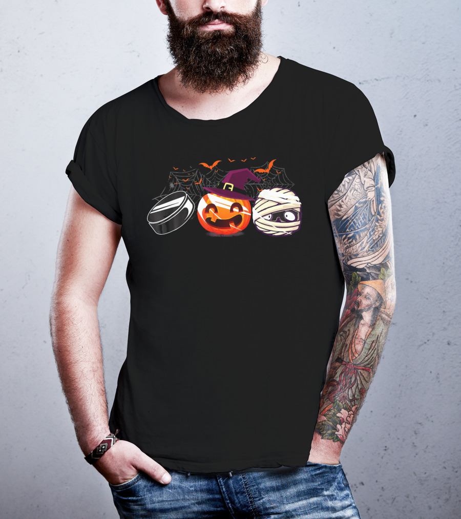 Hockey Puck Witch Pumpkin Mummy Halloween Bats Webs T-Shirt