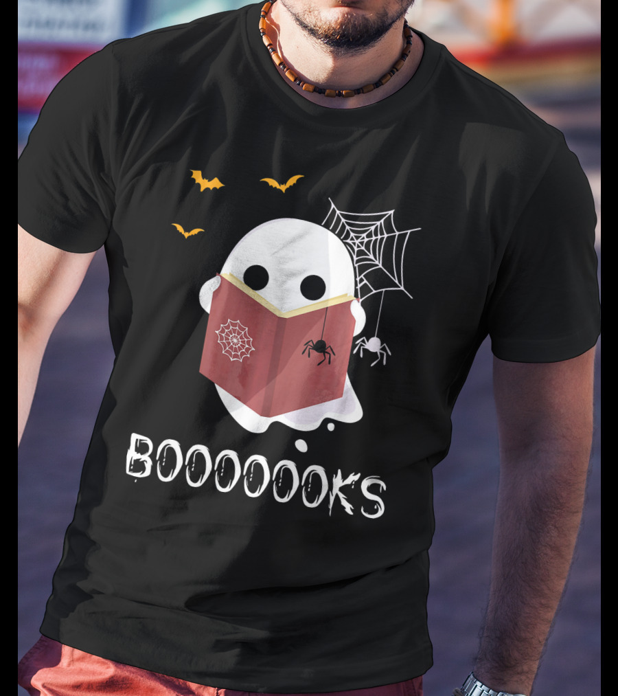 Booooooks Funny Boo Read Books Reading Ghost Spider Web Bats T-Shirt