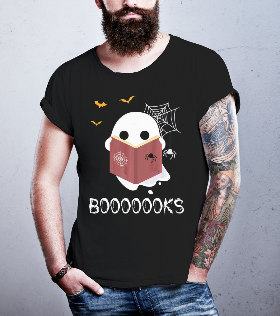 Booooooks Funny Boo Read Books Reading Ghost Spider Web Bats T-Shirt