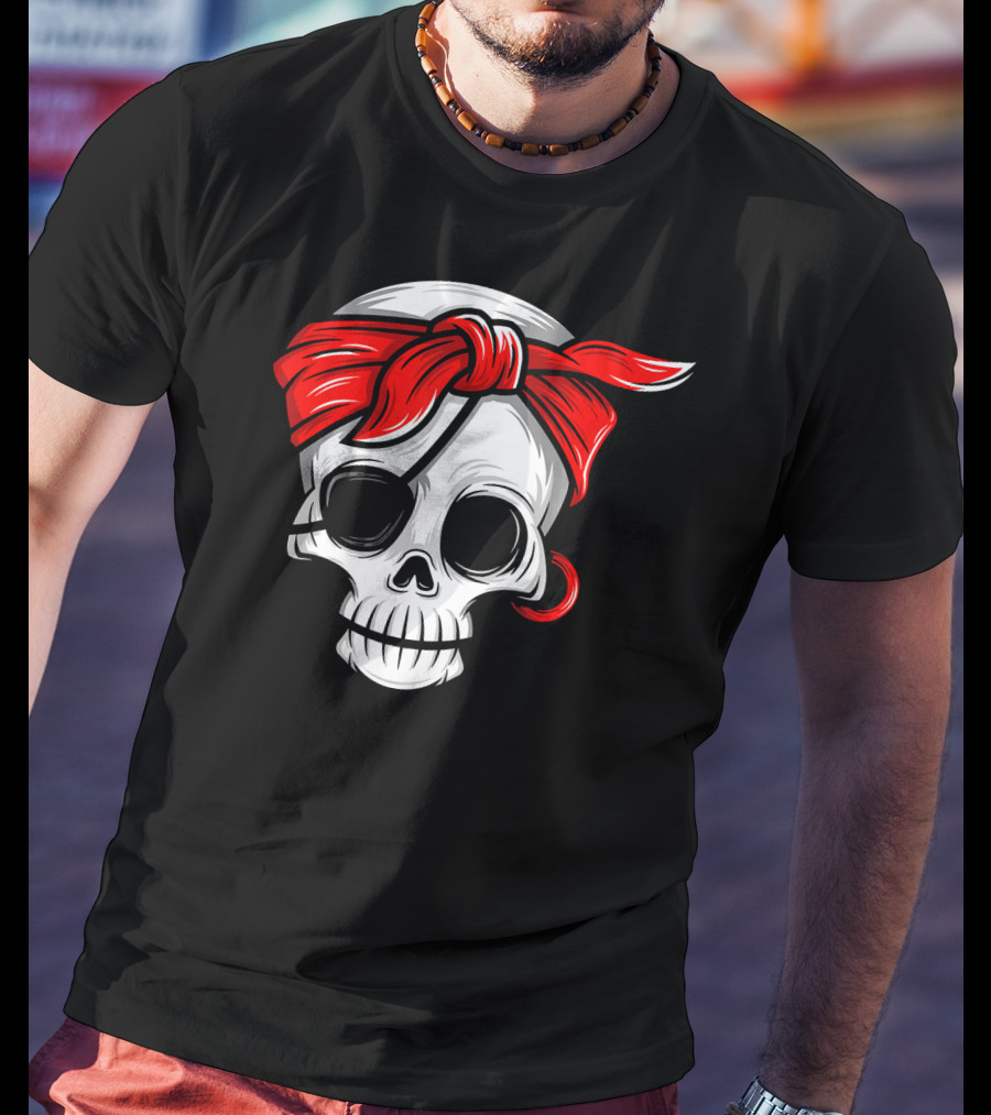 Pirate Skull With Red Bandana And Eye Patch T-Shirt