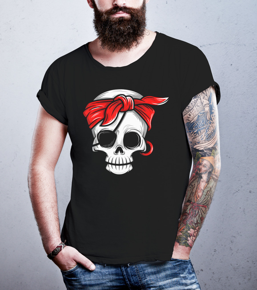 Pirate Skull With Red Bandana And Eye Patch T-Shirt