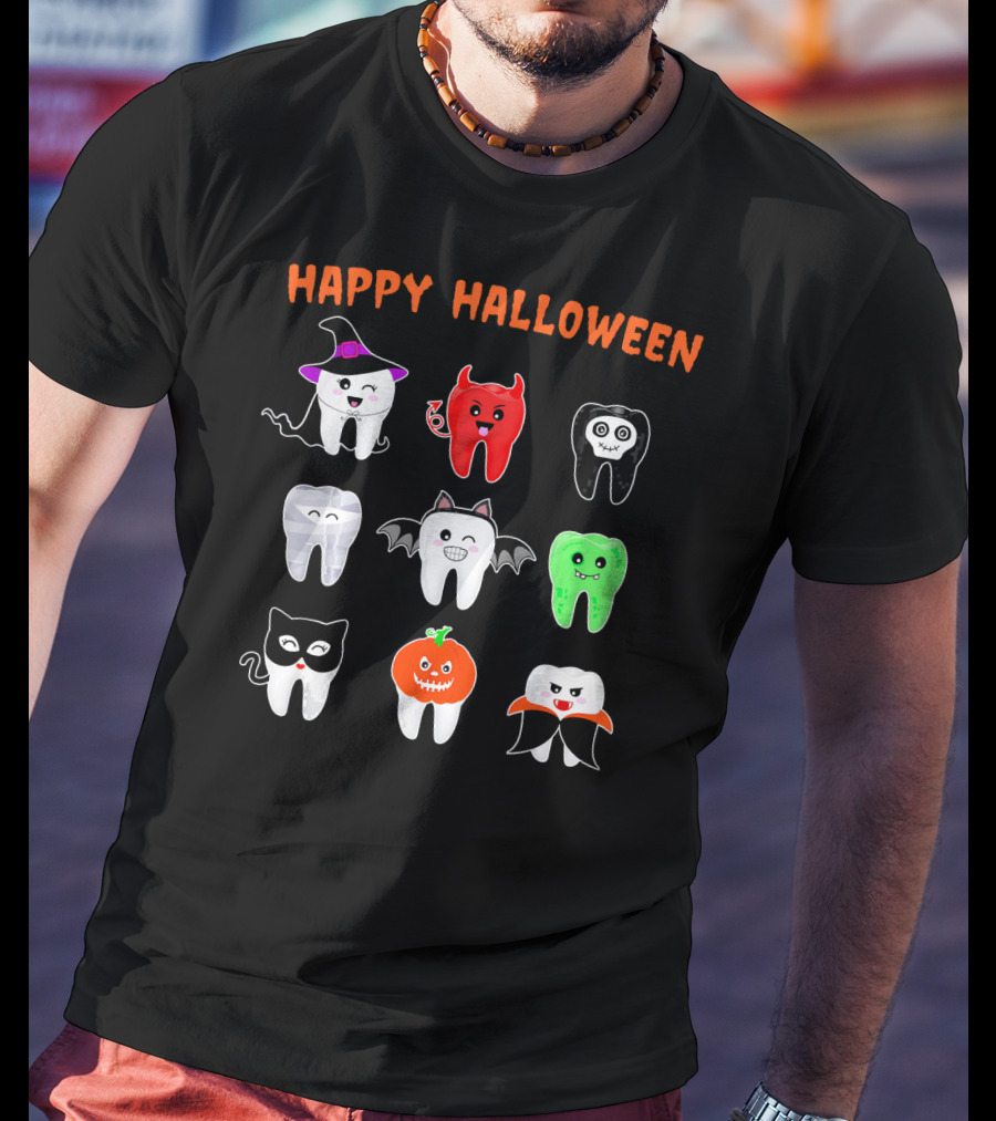 Happy Halloween Cute Tooth Monsters In Costume T-Shirt