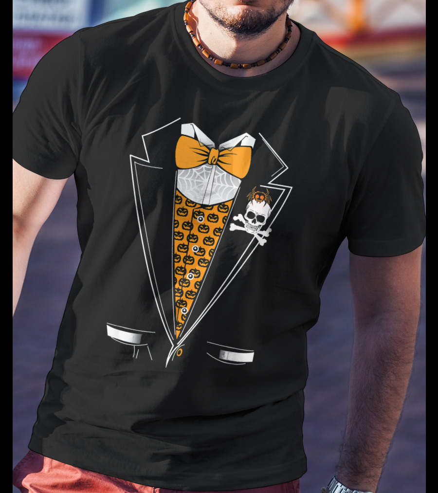 Halloween Tuxedo 3D Style Skull Pumpkin Spider Bowtie T-Shirt