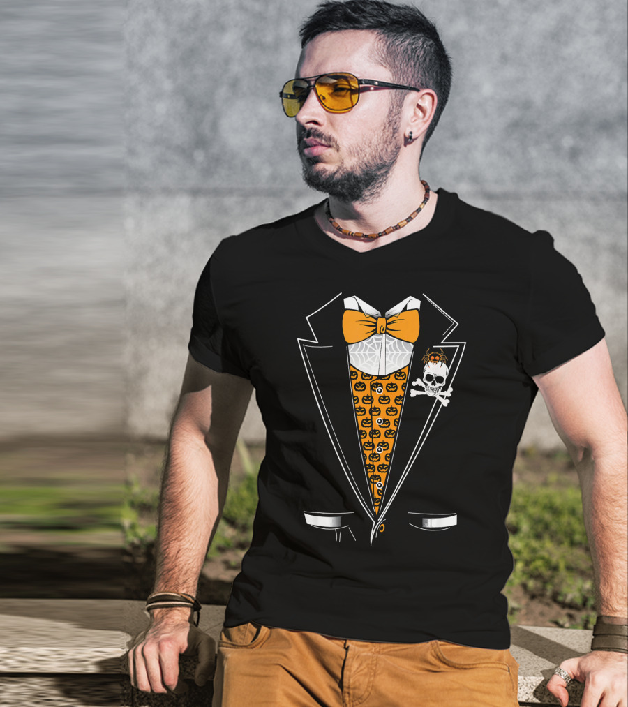 Halloween Tuxedo 3D Style Skull Pumpkin Spider Bowtie T-Shirt
