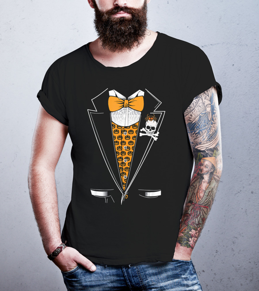 Halloween Tuxedo 3D Style Skull Pumpkin Spider Bowtie T-Shirt
