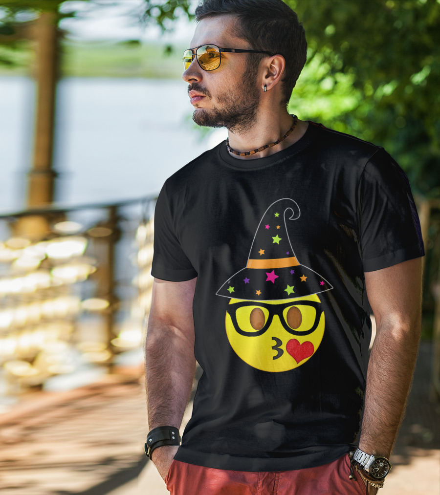 Funny Halloween Witch Hat Emoji Nerd Glasses Kissy Face T-Shirt