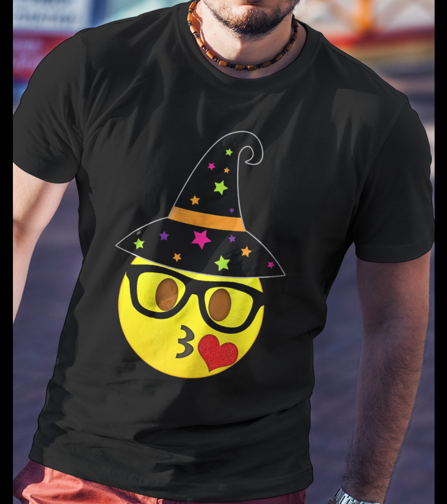 Funny Halloween Witch Hat Emoji Nerd Glasses Kissy Face T-Shirt