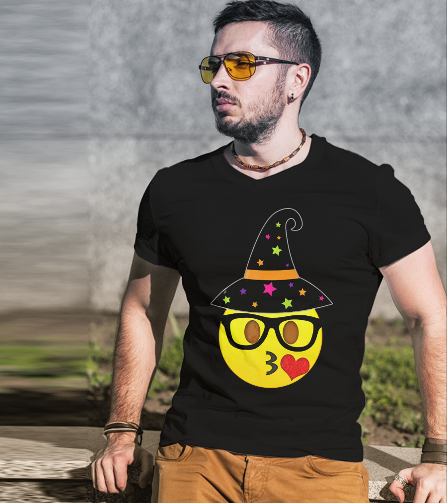 Funny Halloween Witch Hat Emoji Nerd Glasses Kissy Face T-Shirt