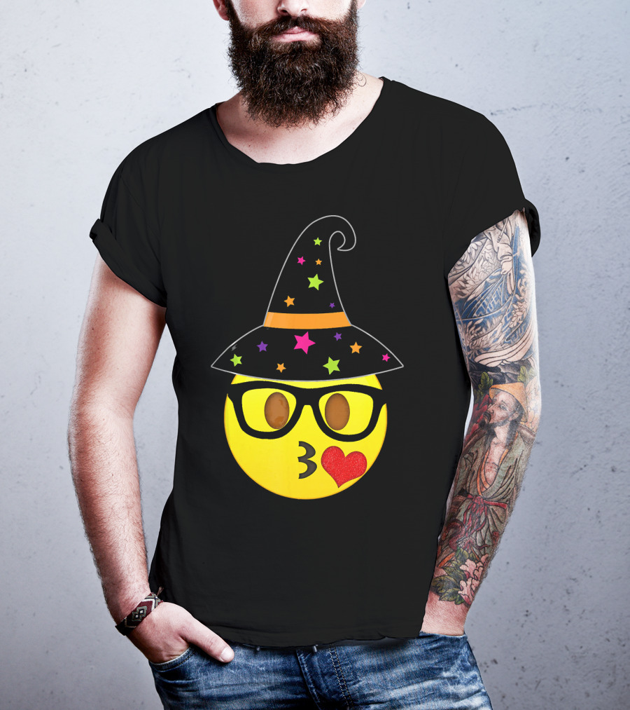 Funny Halloween Witch Hat Emoji Nerd Glasses Kissy Face T-Shirt