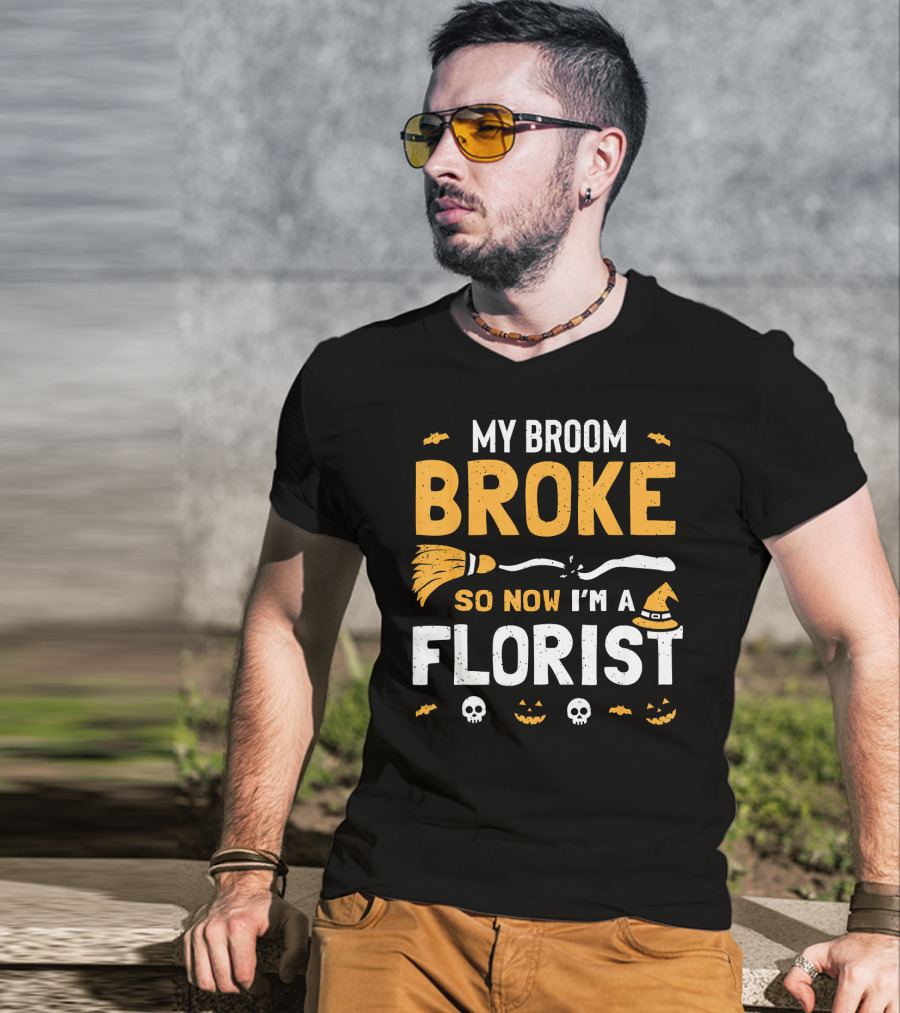 Broke Broom Halloween Florist Costume With Witch Hat And Pumpkins T-Shirt